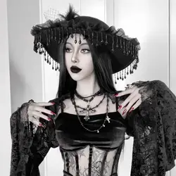 Lolita Handmade Gothic Dark Widow Hat Black Pearl Tassel Lace Black Rose Feather Photography Prop Head Umbrella