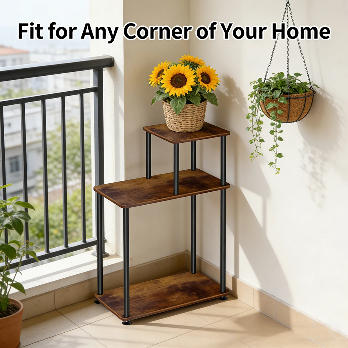 3-Tier Modern Side Table, Rustic Brown Narrow End Table with Metal Frame, Small Step Sofa Side Table for Living Room Bedroom