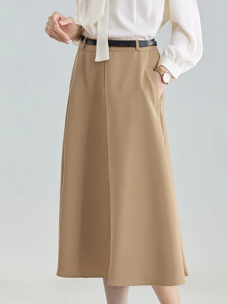 Khaki Color Women's Midi Skirt A-Line Umbrella Skirt Long Maxi Skirt Wide Leg Suiting Chiffon Mid-Length High Waist Zipper Style