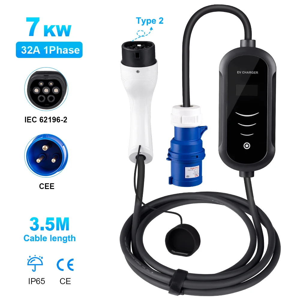 

7KW EV Portable Charger Type2 EVSE Charging Box Electric Car Charger CEE US EU Plug Electric Vehicle Charger Adjustable Current