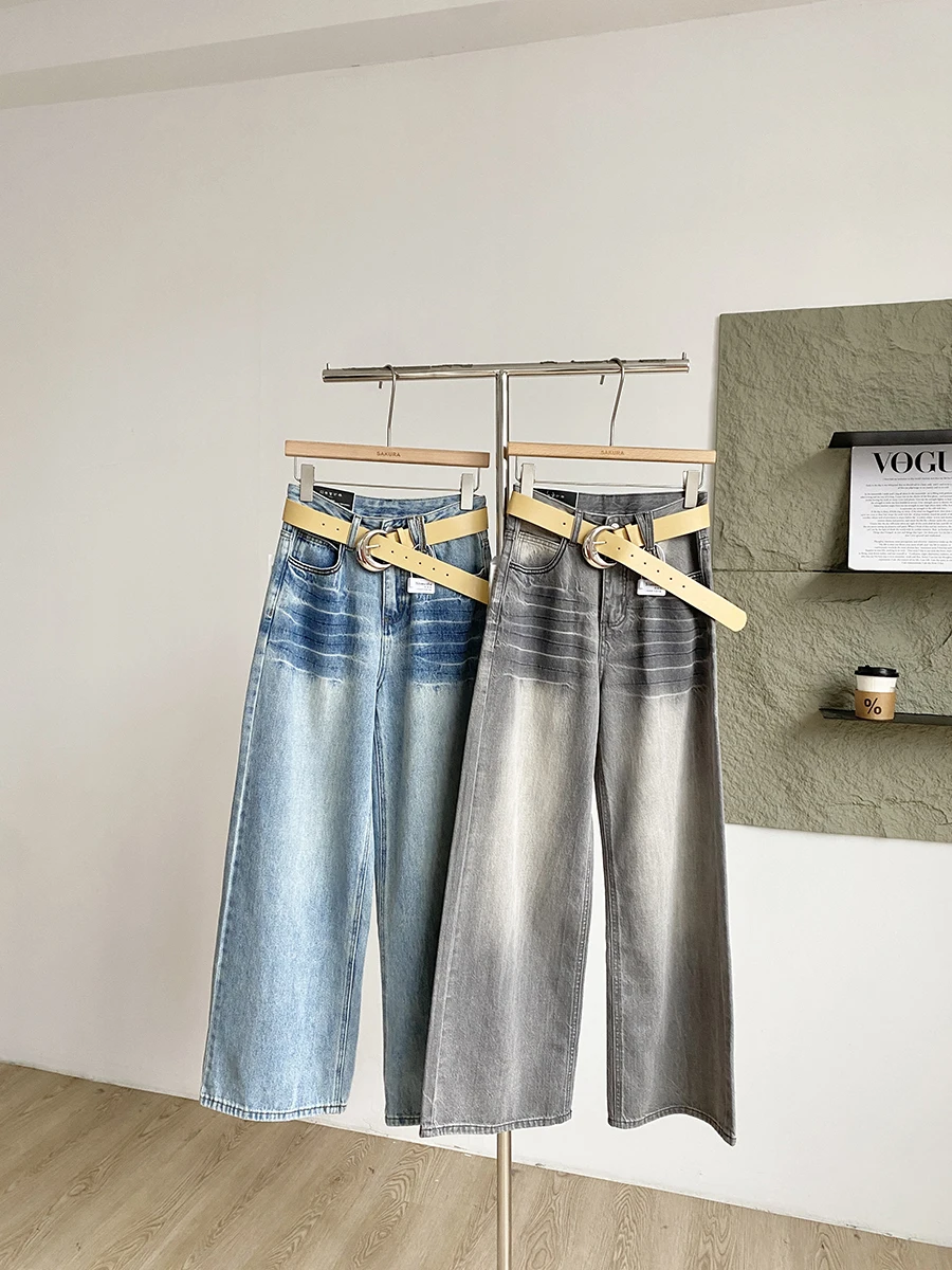 

Retro High Waist Wide Leg Jeans Women's Loose Fit Belted Long Pants Straight Leg Denim Spring 2026 New Style Washed Slimming