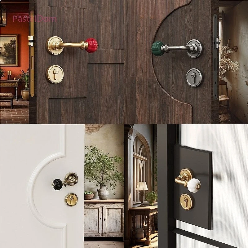 French Dopamine Cute Silent Magnetic Bedroom Split Retro Wooden Door Handle Lock