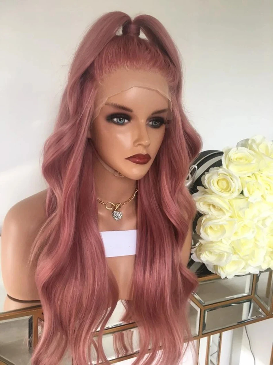 

Розовый цвет, объемная волна, предварительно сорванные синтетические волосы, кружевной фронтальный парик для женщин, бесклеевое волокно, прозрачные парики на шнурке