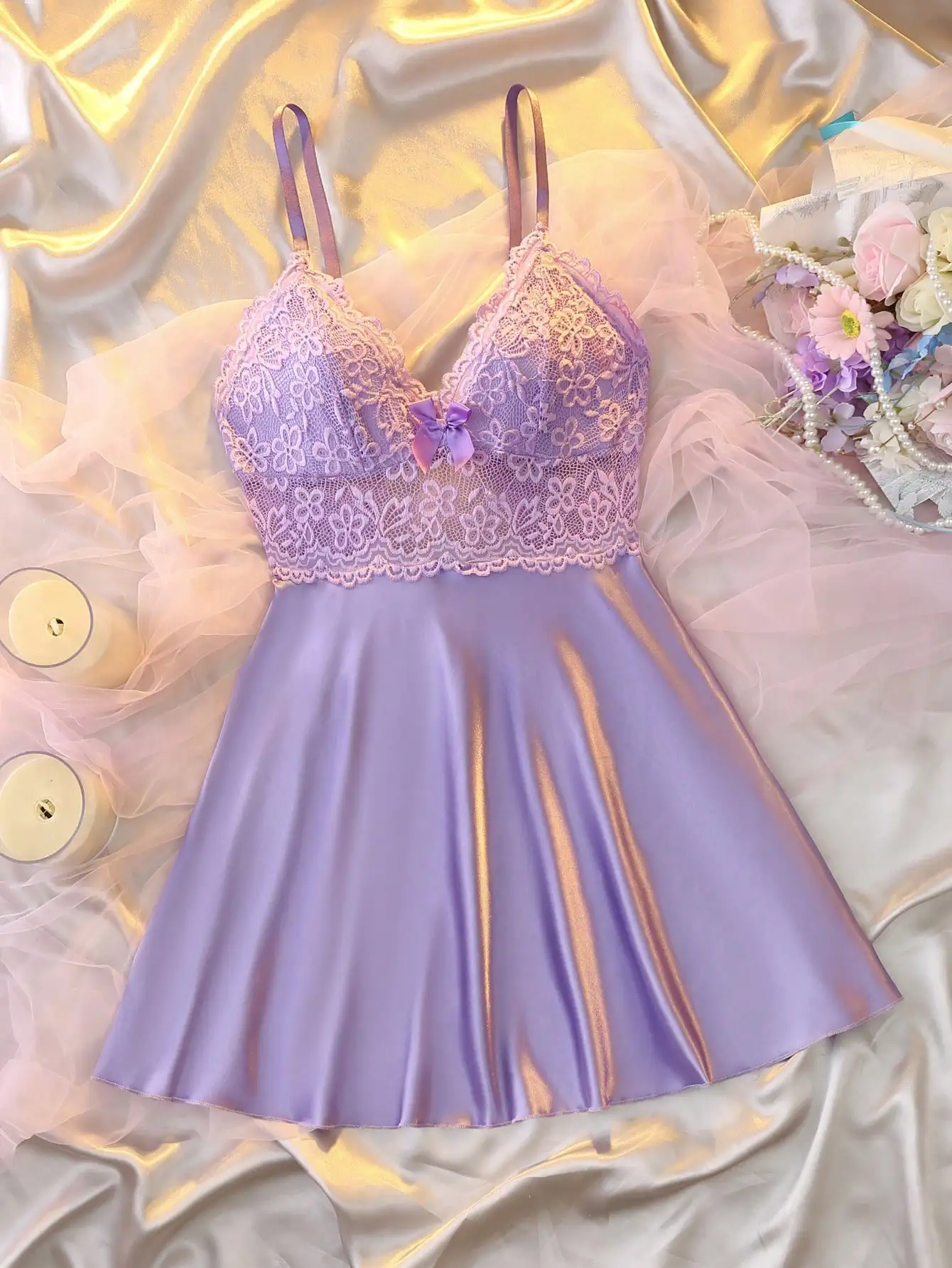 

Lavender Lace Trim Satin Babydoll Chemise with Bow Detail