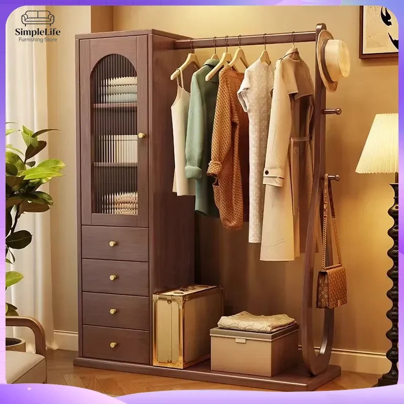 Modern Solid Wood Coat Rack with Storage Large Capacity Bedroom Bedside Hanger Simple Freestanding Clothes Stand Home