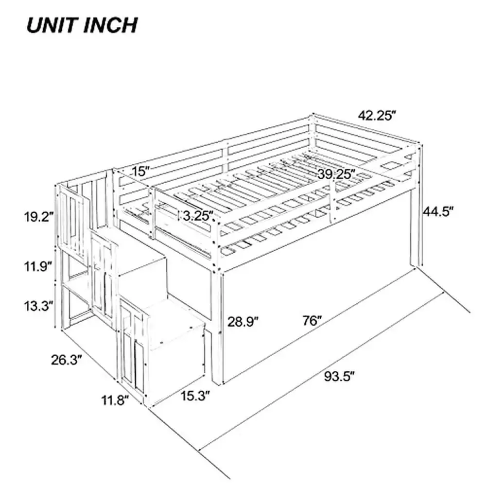 Twin Loft Bed with Storage Steps Sturdy Staircase Grey Spacious Underbed Space Easy Assembly Modern Design 250lb Capacity