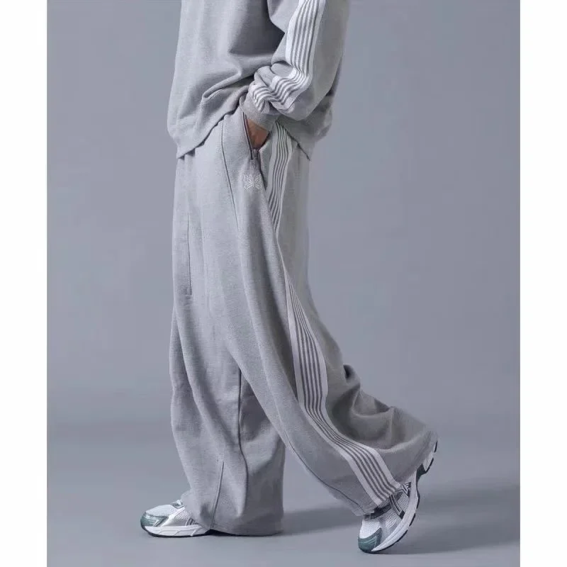 25SS Butterfly Embroidery AWGE Wide Leg Pants Men Women Grey Pure Cotton Oversized Striped Sweatpants