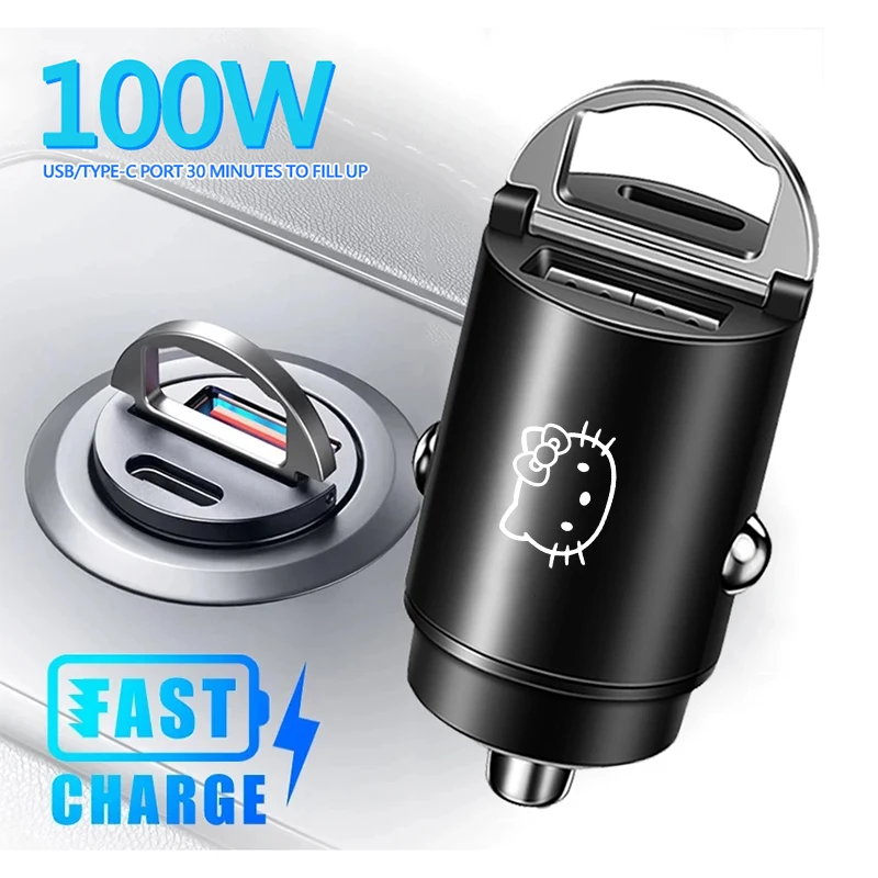 Sanrio Emblem 100W QC3.0 PD Mini Car Charger Fast Charging Car Interior Accessories USB Type C Charger For Sanrio Hello Kitty