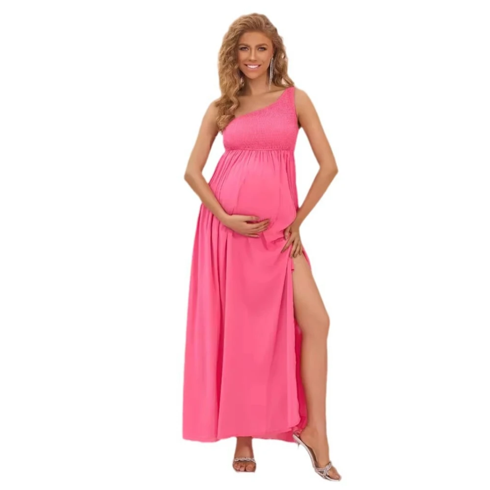 Women's Evening Dresses Summer Sleeveless A Line Dress Pink Maternity Dress with Slant Neck and Ruffles Women's Dresses Luxury