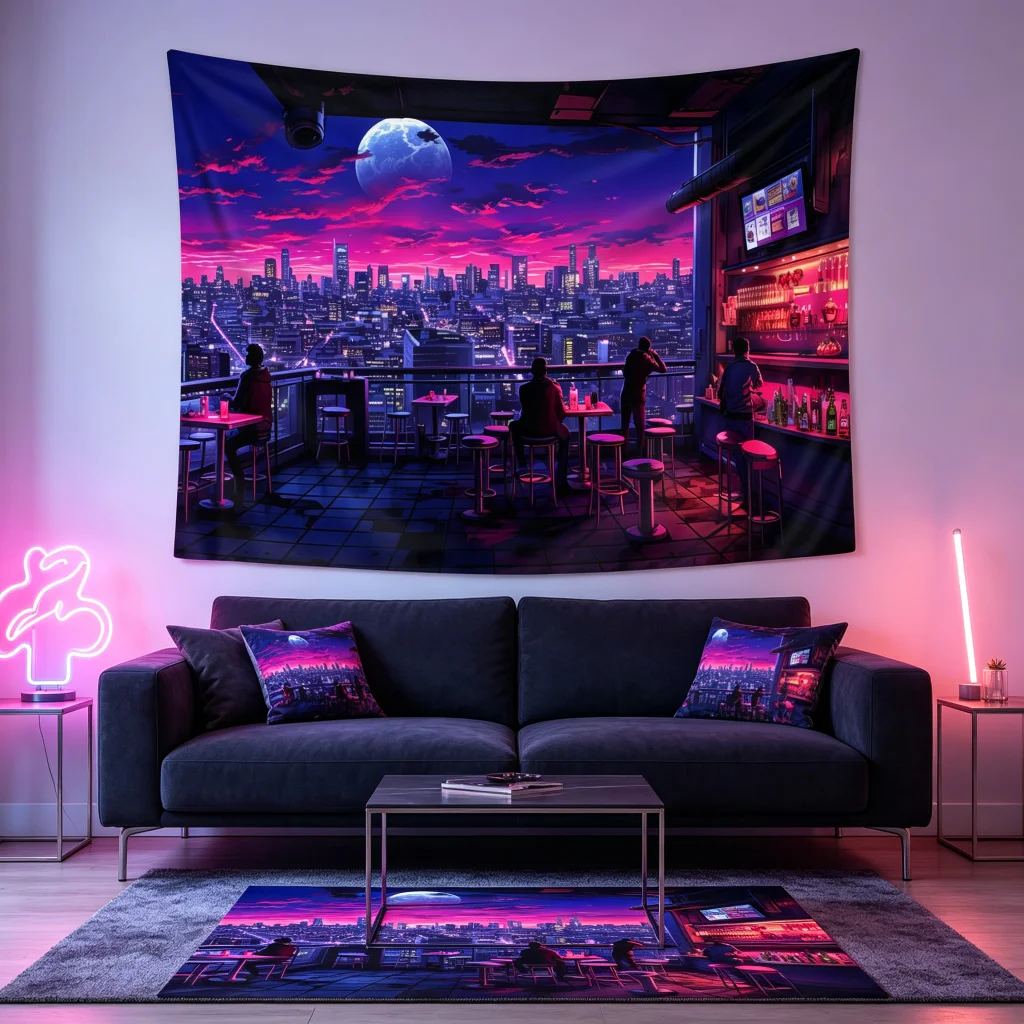 1PC Cyberpunk Bar City Art Print Backdrop Banner, Bedroom Living Room Photo Background, Polyester, Home Decor, Wall Art