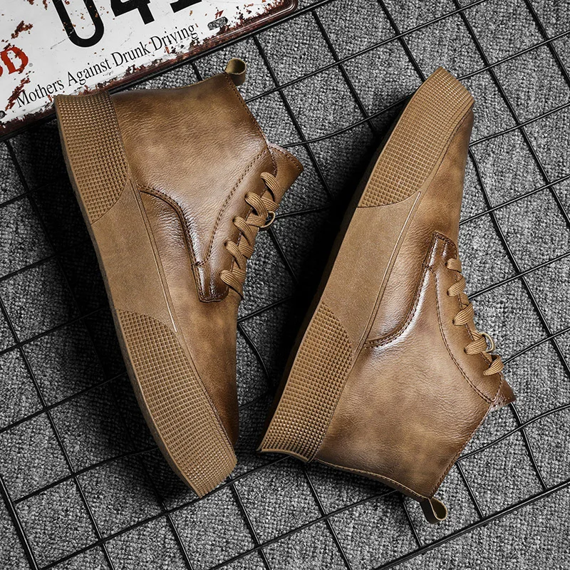 Autumn Men Ankle Boots Motorcycle Boots Tooling Boots High-cut Solid Genuine Leather Sneakers Platform Skateboard Sport Shoes