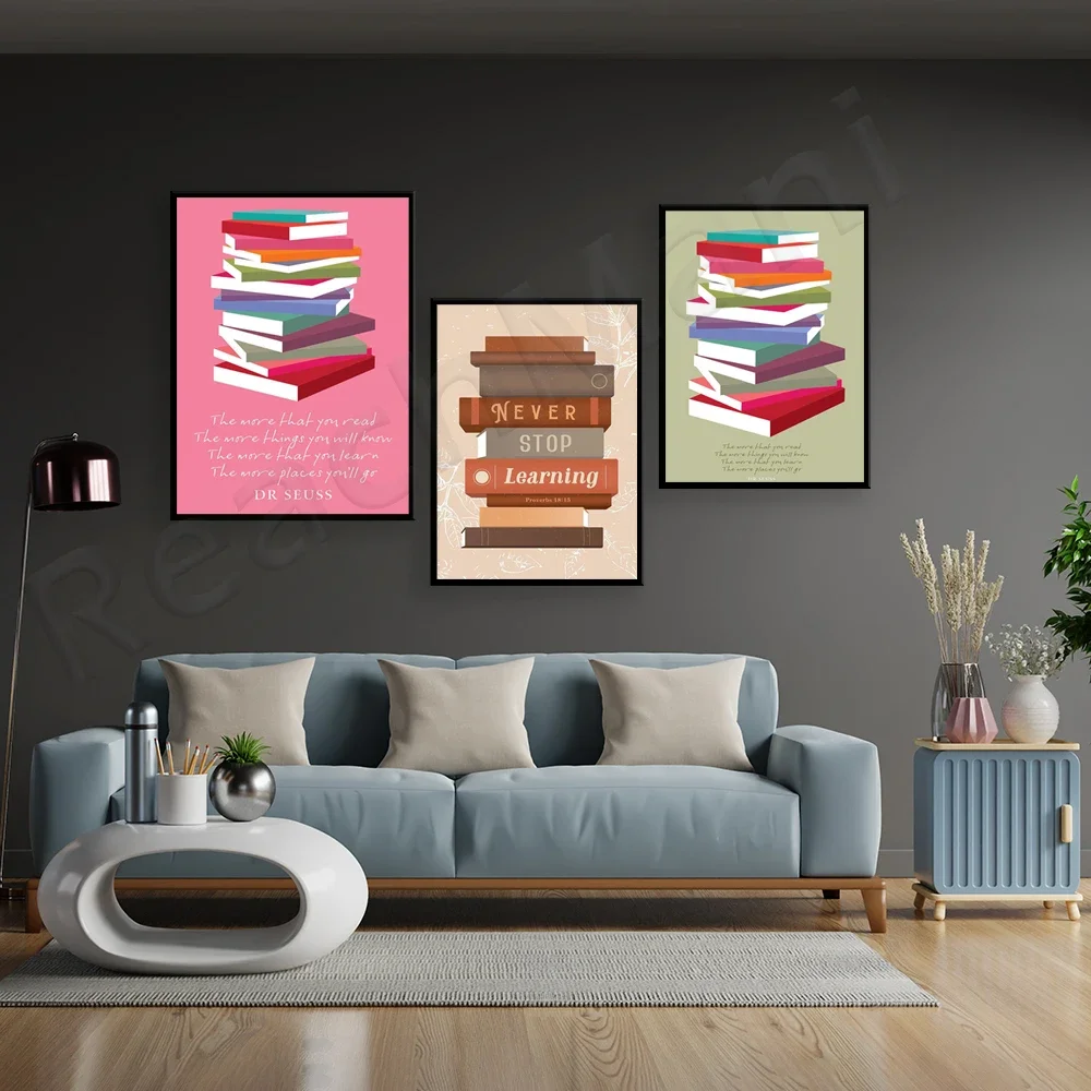 Stacked Books Poster, Dr. Suess Quote Bookshelf Wall Art, Never Stop Learning, Inspirational Art Poster | Stacked Books