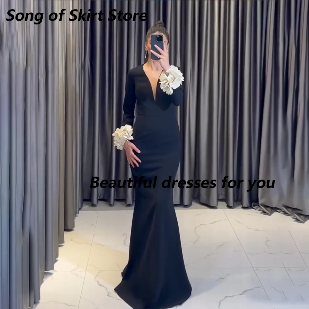 

Mermaid Wedding Guest Dress Black Jersey Flowers Long Sleeves Elegant Women's Evening Gowns V-Neck Long Prom Dresses Customized