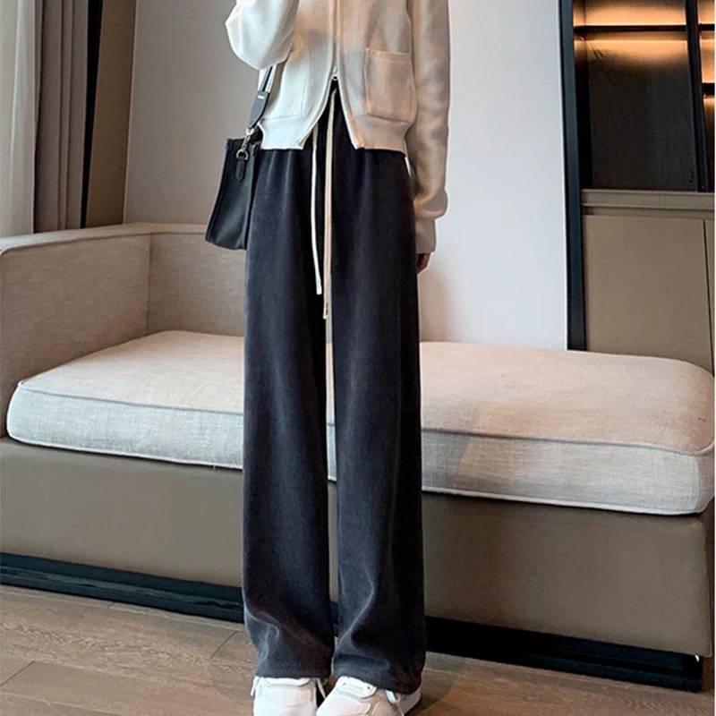 Losse Corduroy Wijde Pijpen Broek Vrouwen Herfst Winter Effen Kleur Hoge Taille Broek Vrouw Casual Trekkoord Gebreide Broek Vrouwelijke