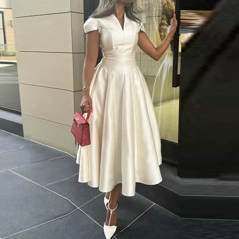 Elegant V-Neck Pure Pleated French Dress Woman Sexy High Waist Ball Gowns Dresses Summer Petal Sleeve A-Line Long Dress Vestidos