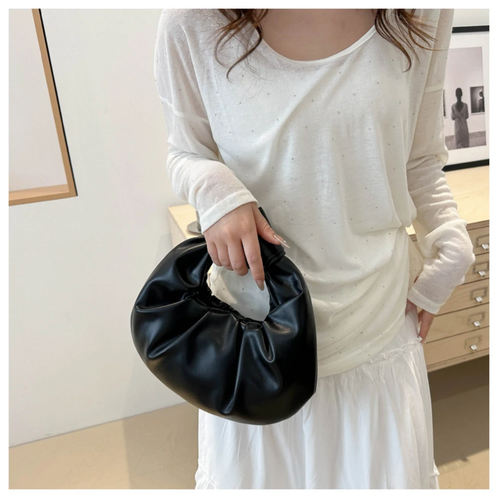 Women Pleated Clutch Bag Solid Color PU Leather Knot Wrist Bag Top Handle Handbag Fashion Simple Ladies Ruched Phone Pouch Purse