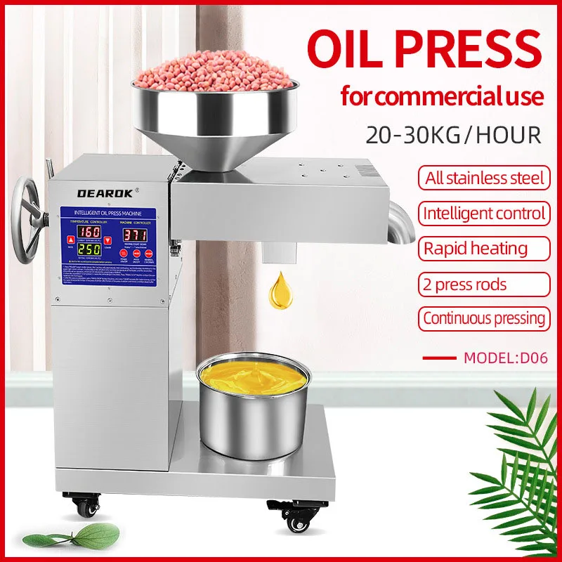 DEAROK-D06 Commercial Oil Press 220V/110V Automatic Digital Display Temperature Control Oil Press 2520W Power Press 20KG / h