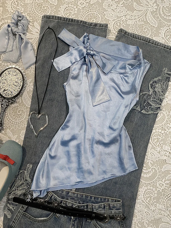 

BaoYao Girl Original Silk irt Women's Summer Vintage Silver ey High-End Feeling Trendy Top Cotton Blend Svel