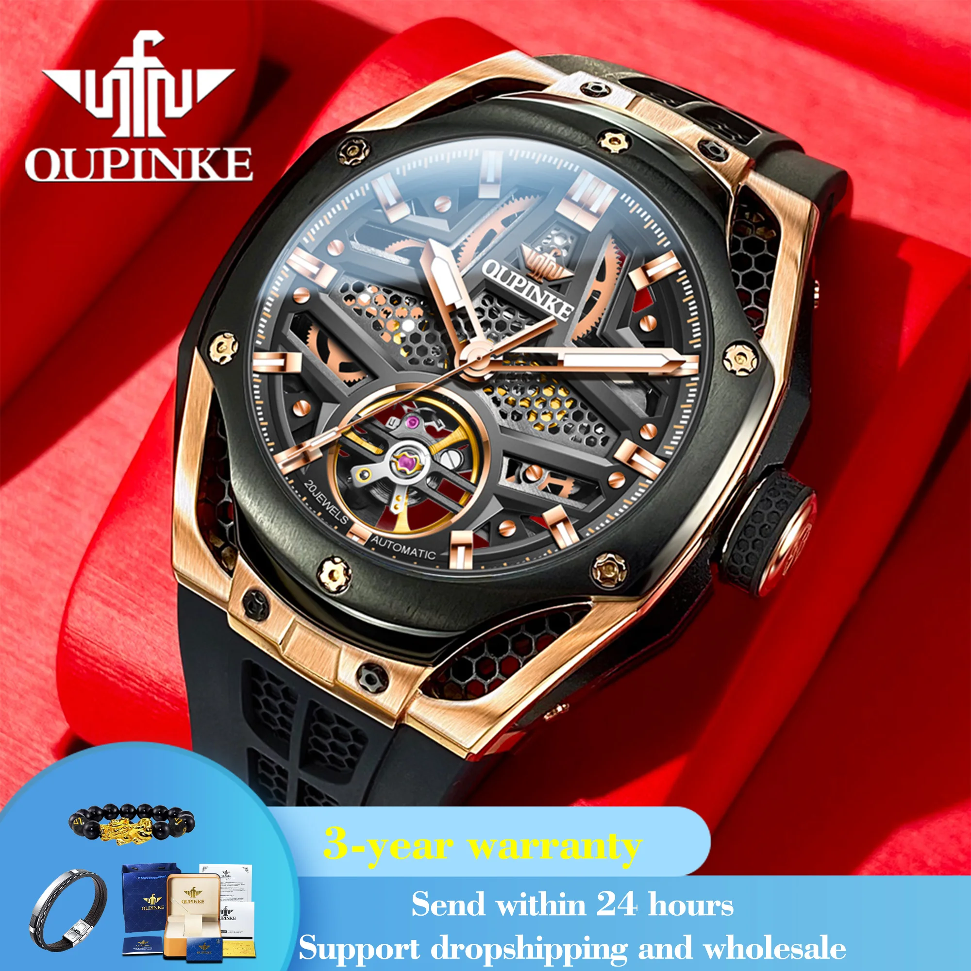 OUPINKE 9003 Sport Mechanical Watch For Men Big Dial Silicone Strap Waterproof Wristwatch Fashion Original Automatic Man Watches