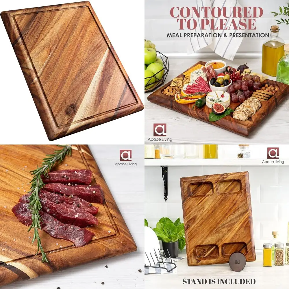 

Large Acacia Wood Chopping Board with Stand, Sustainable, Juice Groove, 4-Compartment Serving, 17x13x1.5