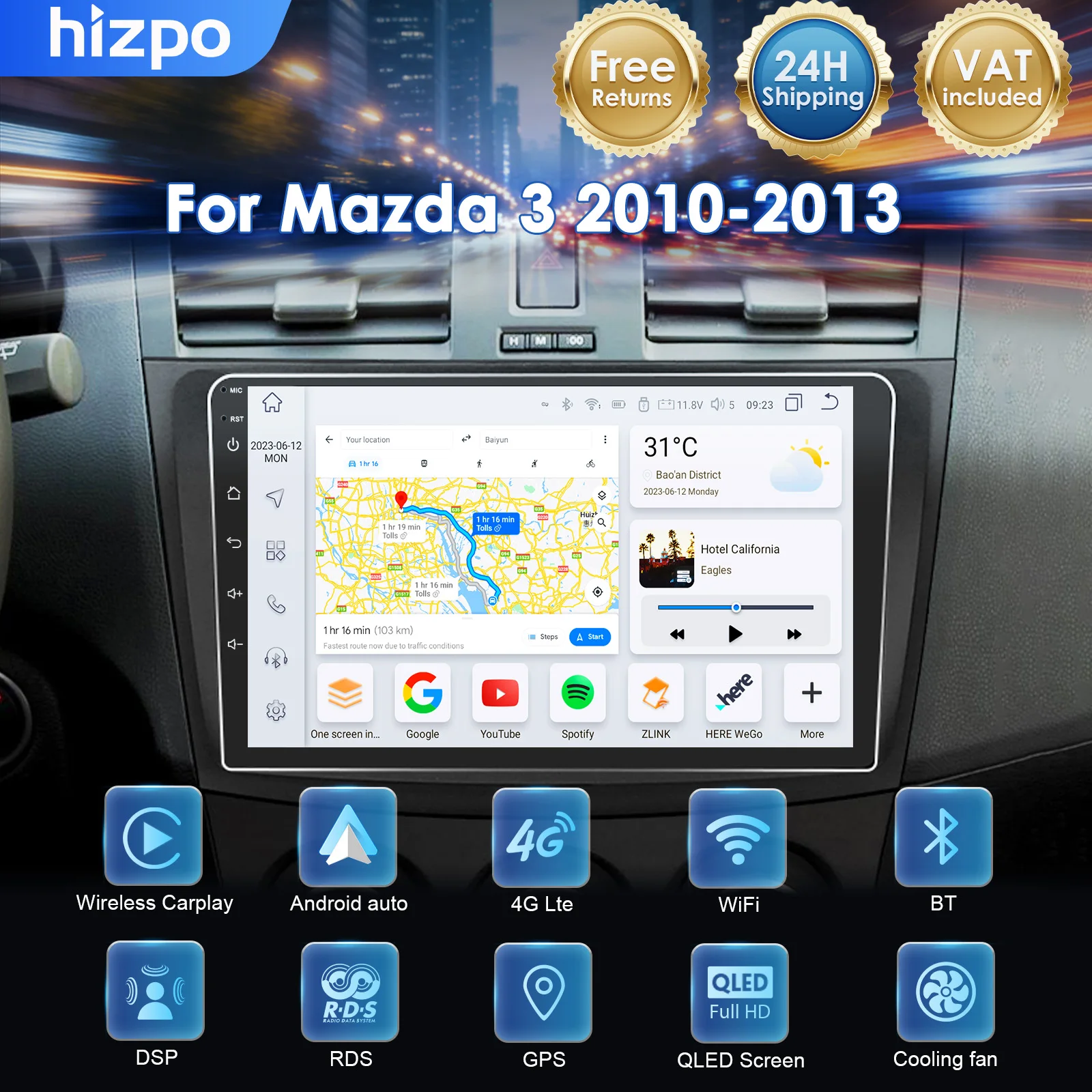 Hizpo Sistema di Navigazione Multimediale Android per Auto Mazda 3 2010-2013, CarPlay Wireless, Android Auto, GPS, FM, SWC, 4G