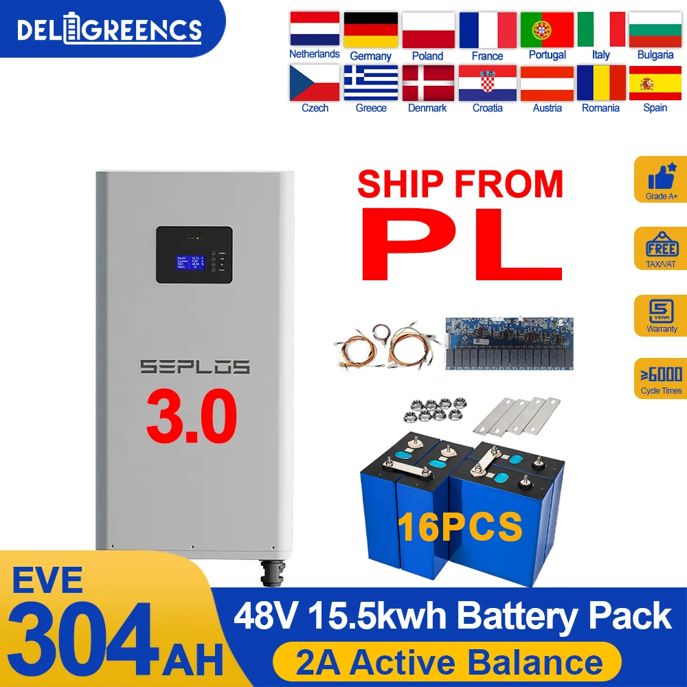 Poland 3.0 Seplos Battery Kits 15.5KW Lifepo4 2A Active Balance Battery 48V 280AH 304AH Power Bank Rechargeable Batteries Solar