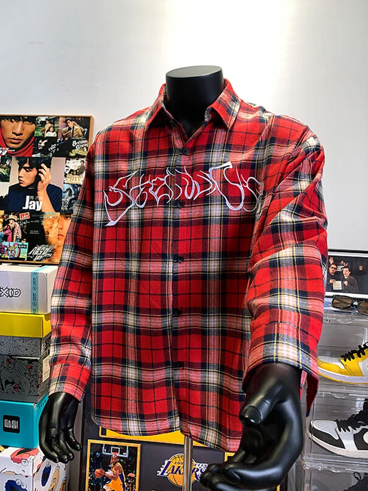 

Red Plaid Long Sve Men's irt Spring Autumn American Retro Design Cleanfit Jaet Loose Fit Printed Moisture ng