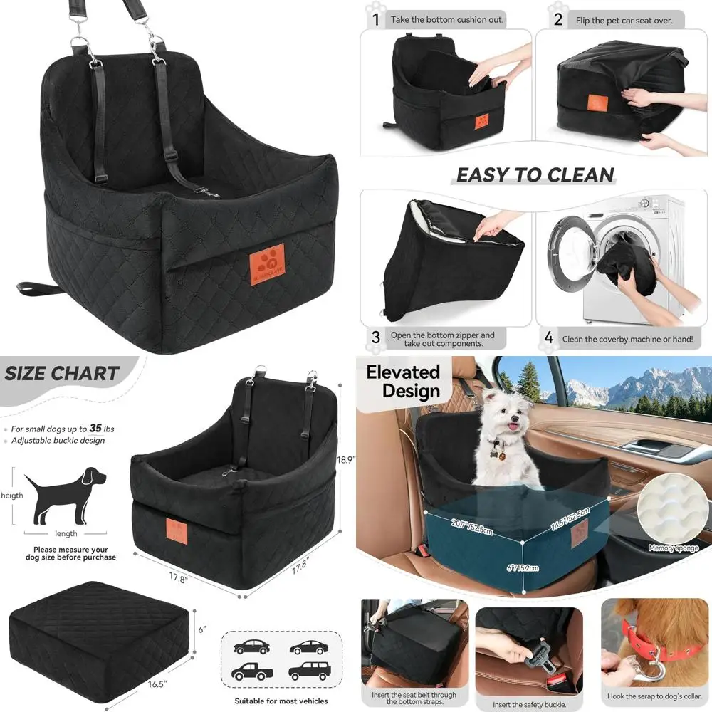 

Pet Car Seat with Cushion for Small/Medium Dogs Under 35lbs, Washable Booster Seat with Storage Pockets and 2 Safety Belts (Blac