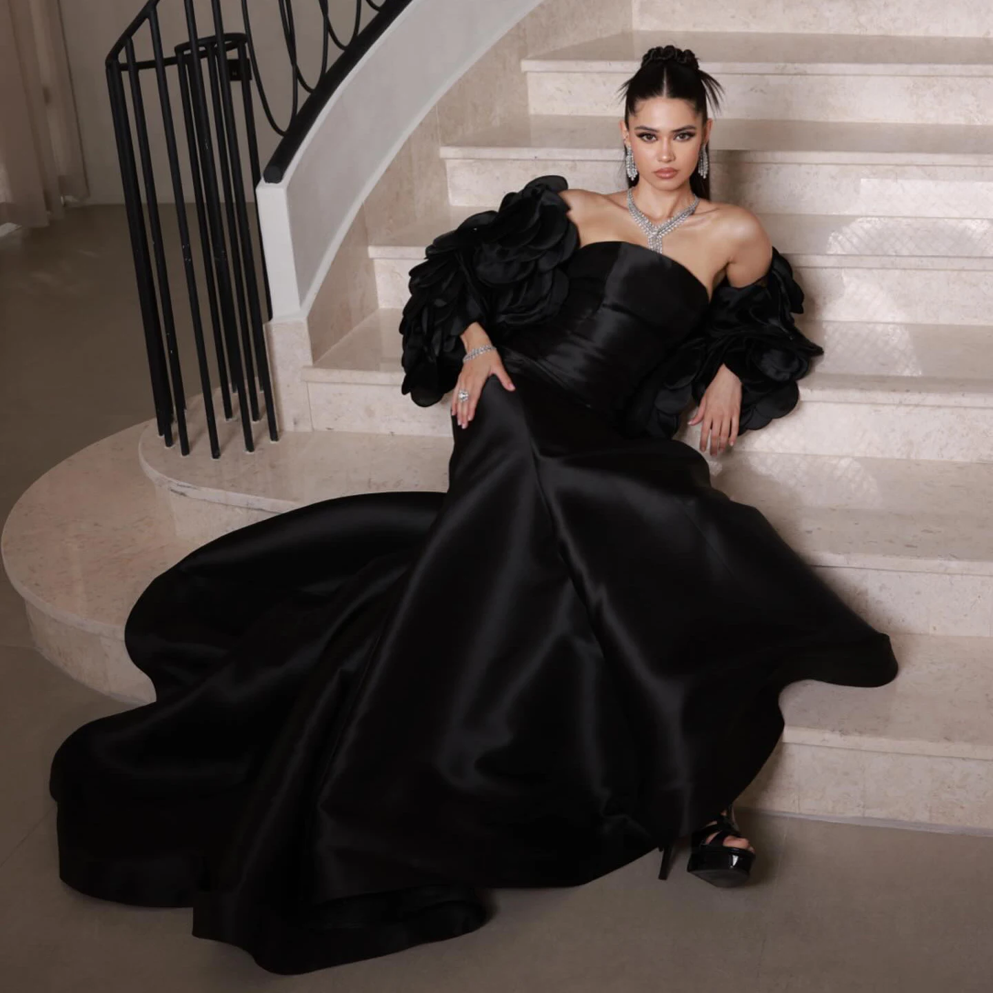 Sharon Said Black Two Piece Satin Evening Dress Beaded 3D Flower Cape Sleeve Dubai Arabic Women Wedding Formal Gown SF588 Custom