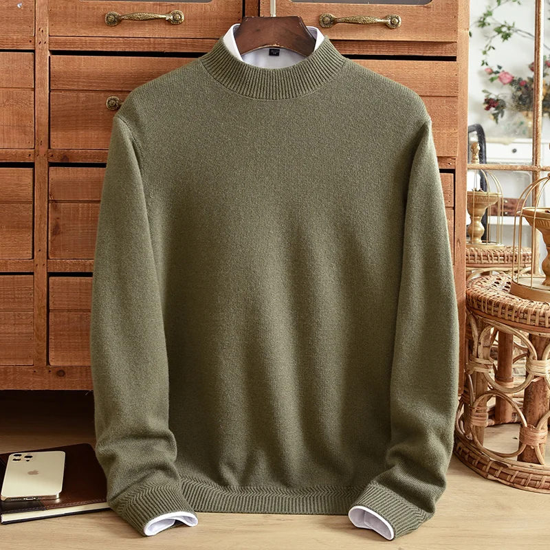 ZNTX 2024 winter new pure cashmere sweater men\'s thick warm solid color casual knit sweater loose size half high neck simple