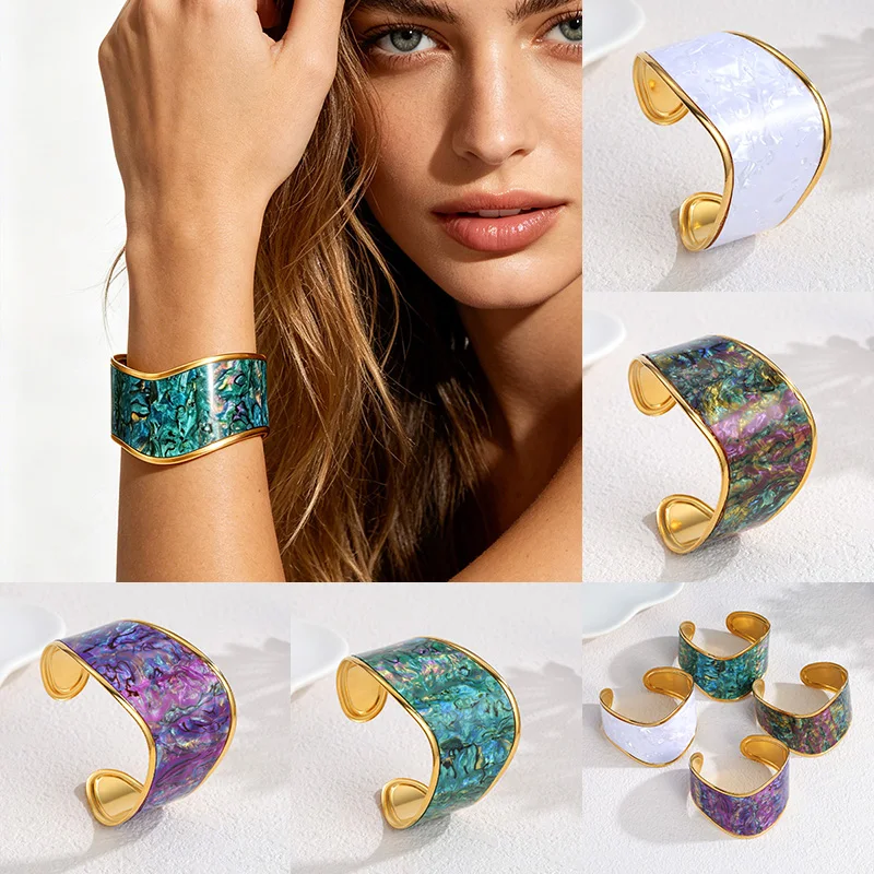 18K Gold Plated Wide Open Cuff Bangle Boho Irregular Natural Abalone Shell Wave Bracelet for Women Party Daily Jewelry Gift