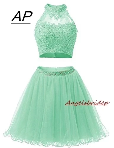 

ANGELSBRIDEP 2 Pieces 1950s High Neck Homecoming Dresses Sexy Hollow Back Beading Tulle Short Graduation Party Gowns