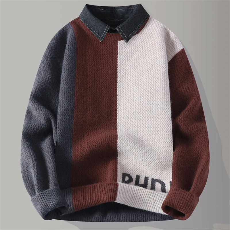 

Новый мужской вязаный свитер с воротником рубашки, искусственный утолщенный полосатый пуловер из двух предметов, повседневный универсальный удобный мужской вязаный свитер