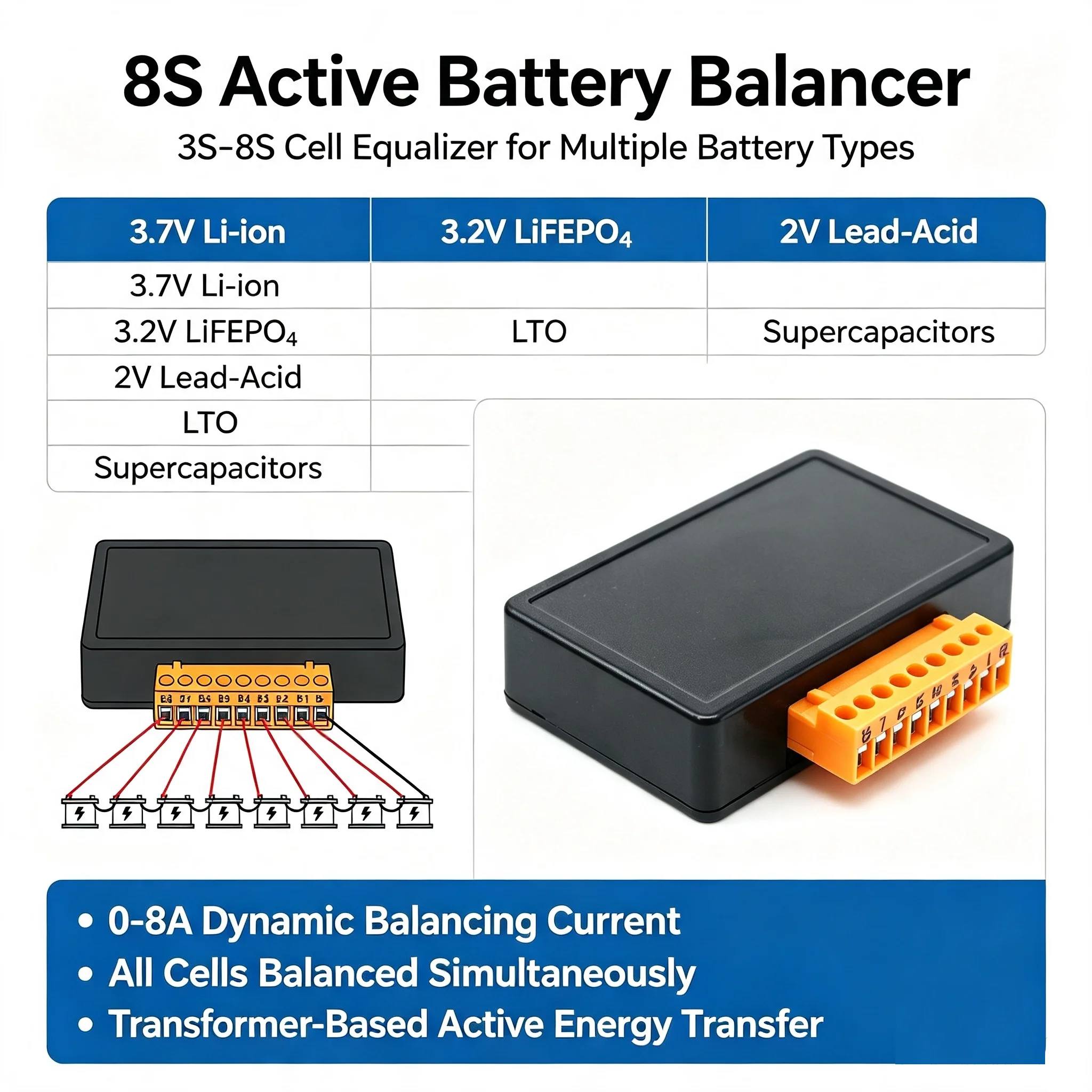 Active Balancer 3S–8S 8A Voltage Balancing Board 4S 5S 6S 7S Lifepo4 Li‑ion LTO Lead‑Acid BMS Battery energy transfer Equalizer