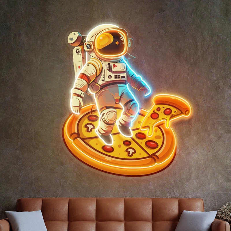 

Custom Spaceman Neon Sign Astronaut on Pizza Neon Signs Business Logo Led Light Restaurant Kitchen Decor Pizza Store Wall Decor