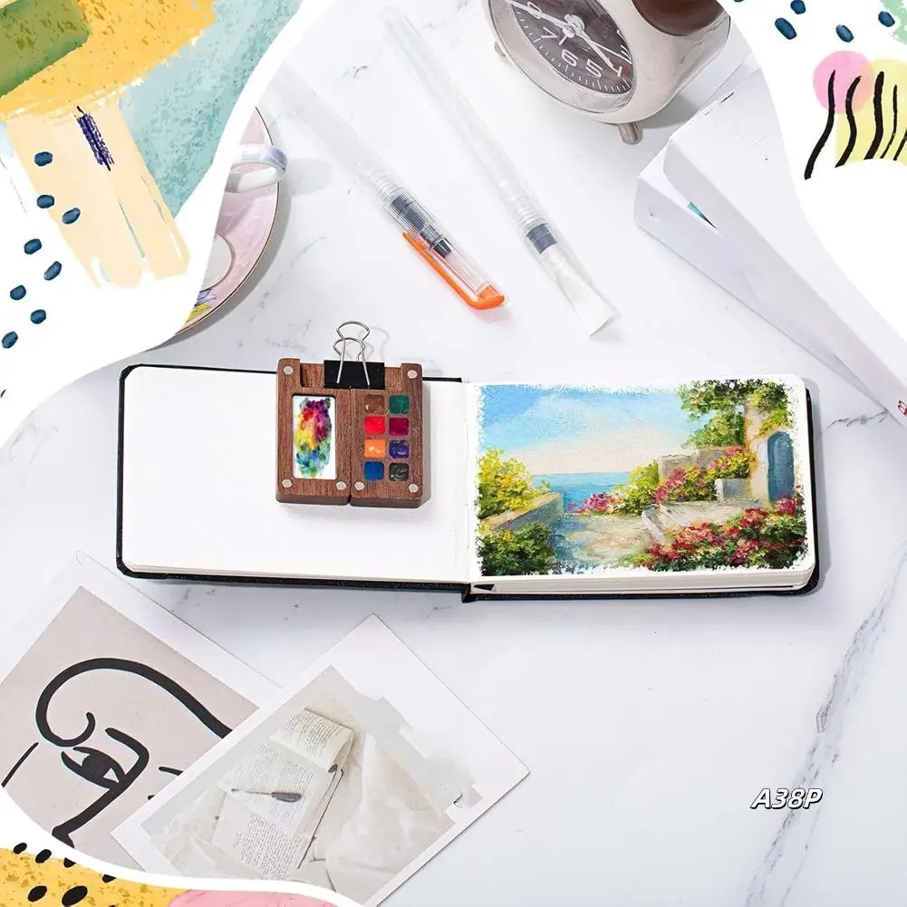 

Mini Portable Watercolor Paint Set Travel Paint Palette Wooden Grid Paint Box, Pocket Watercolor Sketchbook Paper Pad