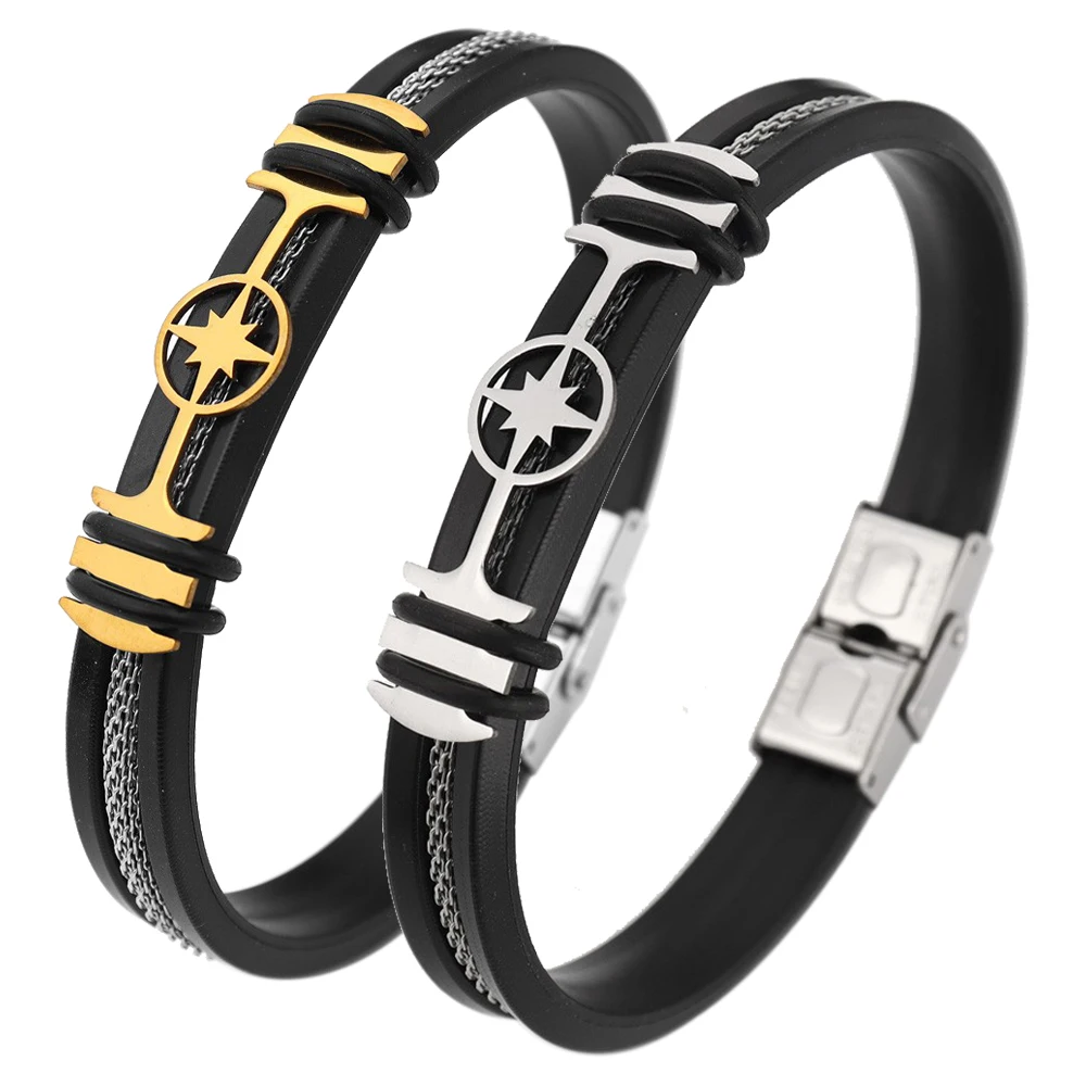 Classic Punk Style Metal Black Silicone Groove Stainless Steel Rope Bracelet Fashion Men's Bracelet Souvenir Gift Wholesale