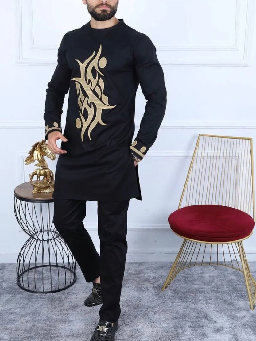 

Long Sleeve Black Embroidered Men's Set Fashionable Party Dance Party Wear