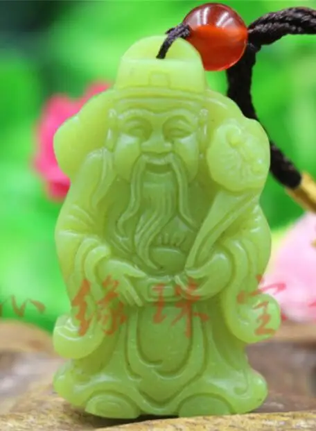 Rarely Natural Stone Fluorite Carved Chinese God of Wealth Lucky Pendant + Rope Necklace Glow in Dark luminous stones Jewelry