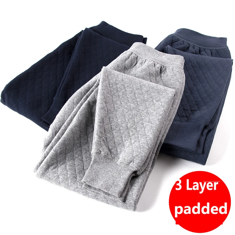 Men Cotton Pure Cotton Trousers Three Layers Thick padded Thermal Pants Winter thermal underwear men one piece warm leggings