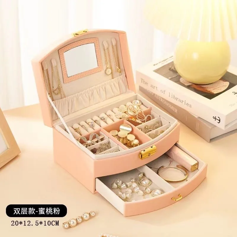 Double-layer Lockable Jewelry Box with Ear Decorations and Jewelry Storage Drawer-style Organizer Box for Girl Gift