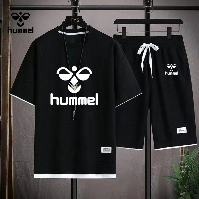 2024 New Summer Luxury Brand HUMMEL Short Sleeve Luxury Sportswear Men\'s Fitness Fashion Casual T-shirt + Shorts 2 Sets