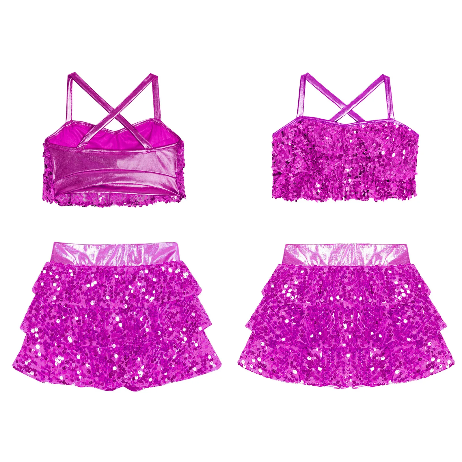 Kinder Mädchen Jazz-Sets mit metallischen Pailletten, glitzerndes, gestuftes Rüschen-Crop-Top mit überkreuztem Rücken und Culottes für Performance-Tanz