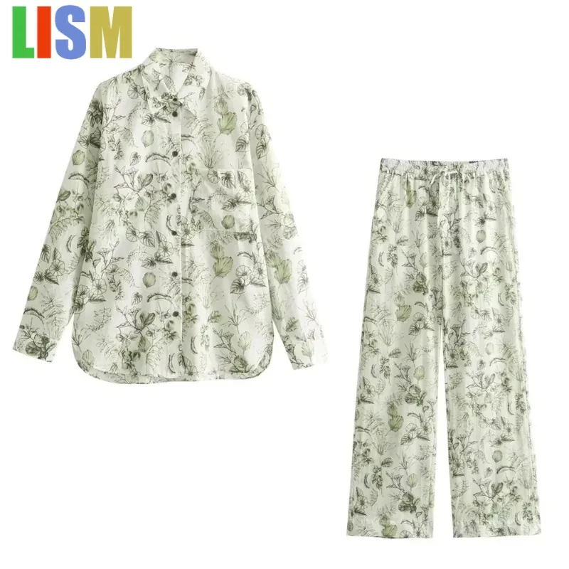 

LISM winter woman outfit New in matching sets Women's Polo Collar Long sleeved Printed Shirt High Waist Printed Pants Set