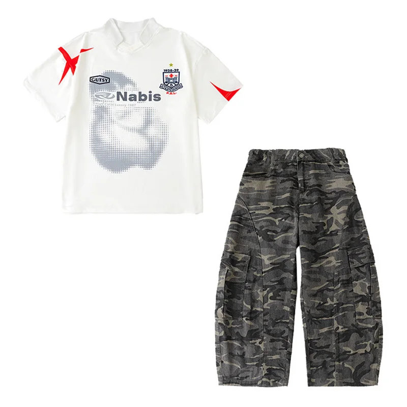 Kind Kpop Hip Hop Kleidung Drucken Weißes T-shirt Top Camo Casual Baggy Cargo Hosen für Mädchen Junge Tanz Kostüm Kleidung