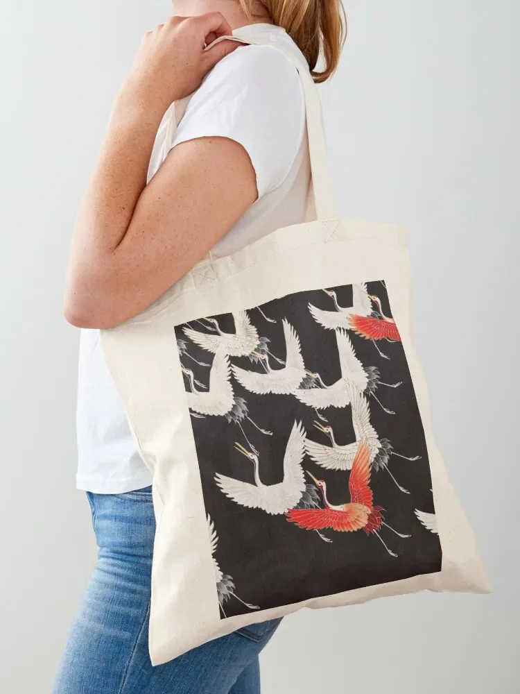 Furisode com uma miríade de garças em voo - Bolsa de arte japonesa personalizada, bolsa de lona, bolsa de tecido