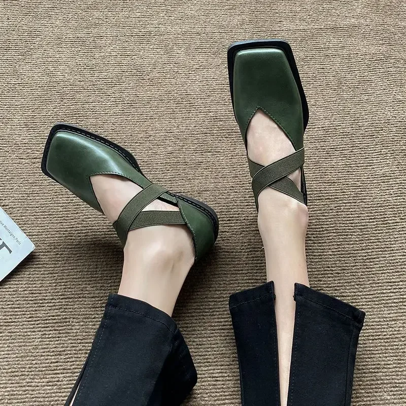 Flats Mary Jane Flat Green Normal Leather Casual Women\'s Shoes Square Toe Japanese Style Lolita Ladies Footwear Gothic Fashion A