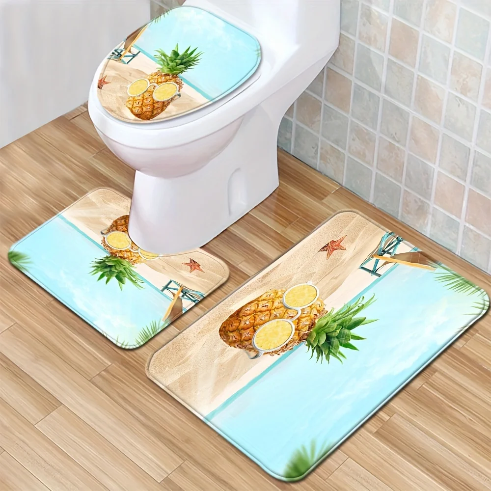 

Beach Pineapple Bathroom Mat Set – 3-Piece Non-Slip, Absorbent Flannel with Toilet Cover & Rug, Tropical Decor