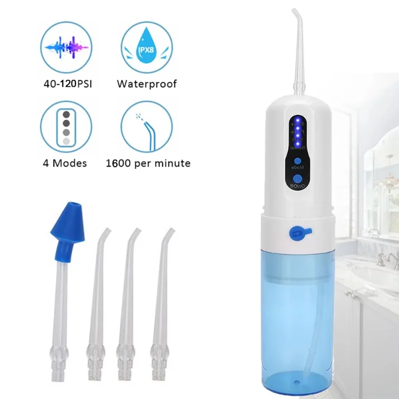 USB Rechargeable Dental Flusher Portable Dental Flusher 200ML 4 Mode Tank Type Waterproof Cleaner +4 Dental Spray