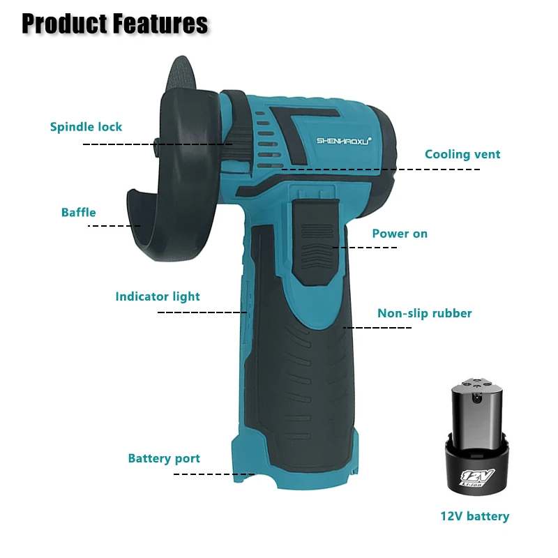 SHENHAOXU-Mini Angle Grinder, Brushless Motor, polimento sem fio, retificadora, corte de diamante, elétrica DIY Ferramentas Elétricas, 12V